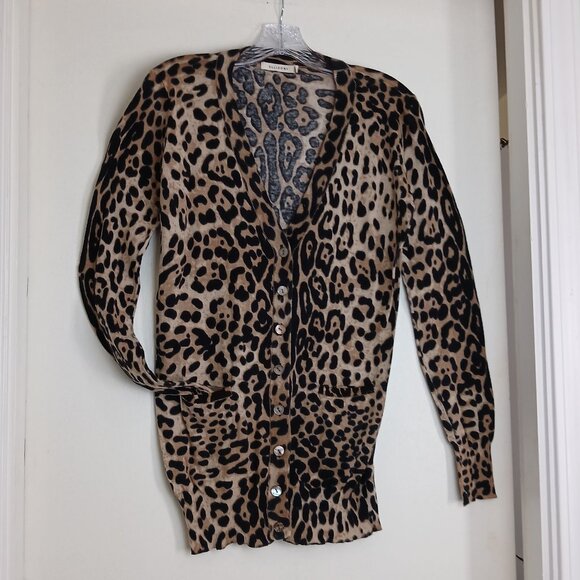 Ellison Sweaters - Leopard Print 100% Cotton V-Neck Abalone Button-Up Cardigan With Pockets Sz L